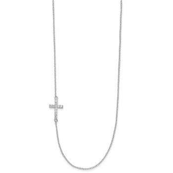 Sterling Silver Rhod-pltd CZ Offset Sideways Cross w/2in Ext Necklace — alternate view