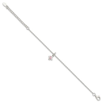 Sterling Silver Polished Pink CZ Butterfly w/ 1.5in Ext. Children's Bracele — alternate view