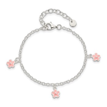 Sterling Silver Polished Pink Enamel Flowers w/1.5in Ext Children's Bracele — alternate view