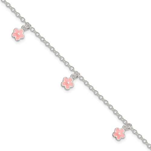 Sterling Silver Polished Pink Enamel Flowers 5.5in w/1.5in Ext Bracelet