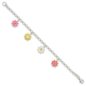 Sterling Silver Polished Multi-color Enamel Flowers Children's Bracelet — alternate view