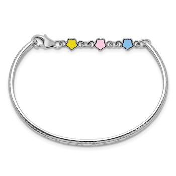 Sterling Silver Rhodium-plated Polished & Beaded Multi-color Enameled Flowers & Hearts PRINCESS with Chain Baby Bangle — alternate view