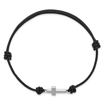 Sterling Silver Rhodium-plated CZ Cross Black Leather Adjustable Bracelet — alternate view