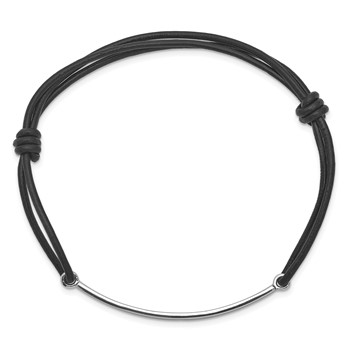 Sterling Silver Rhodium-plated ID Plate w/Black Leather Adjustable Bracelet — alternate view