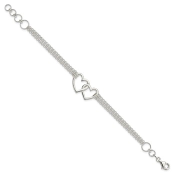 Sterling Silver Polished 3-strand w/.5in. Ext. Heart Bracelet — alternate view
