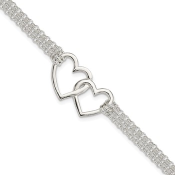Sterling Silver Polished 3-strand w/.5in. Ext. Heart Bracelet