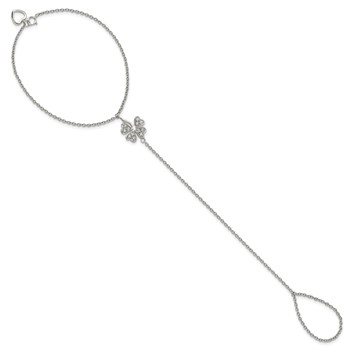 Sterling Silver RH-plat Polished CZ Four Leaf Clover Attached Ring/Bracelet — alternate view