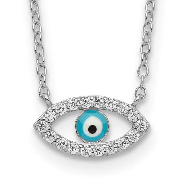 Sterling Silver Rhodium-plated Enamel Eye with CZ 18 inch  Necklace