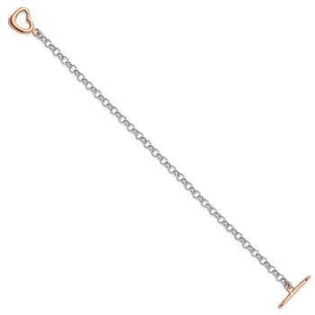 Sterling Silver Rhodium-plated Rose-tone Rolo w/Heart Bracelet — alternate view