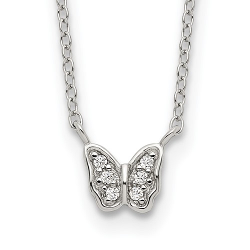 Sterling Silver RH-plated Polished CZ Butterfly 16in w/2in ext Necklace