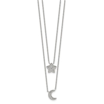 Sterling Silver RH-plated Polished CZ Moon and Star Double Strand Necklace — alternate view
