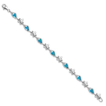 Sterling Silver Rhodium Starfish CZ and Created Opal Seashell 7.25 inch Bracelet — alternate view
