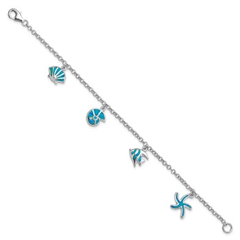 Sterling Silver Rhodium Created Opal Fish and Shells Charm 7.25 inch Bracelet — alternate view