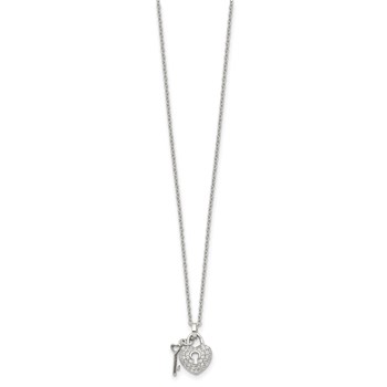 Sterling Silver Rhodium Plated Polished Key and CZ Lock 16.5 inch Necklace with 2 inch extension — alternate view