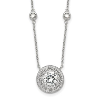 Sterling Silver RH-plated Round CZ Pendant w/2in. ext. 4-Station Necklace