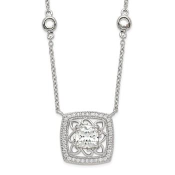 Sterling Silver Rhod-pltd Square CZ Pendant w/2in ext 4-Station Necklace