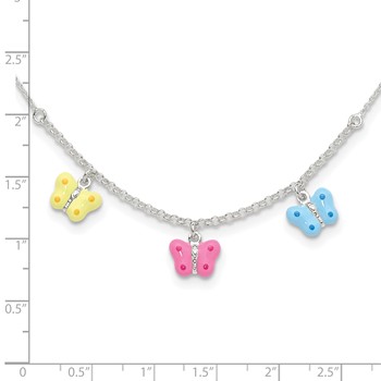 Sterling Silver Polished Yellow, Pink and Blue Enameled Three Butterfly Children's Necklace — alternate view