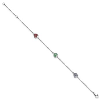 Sterling Silver Rhodium-plated Red, Green and Blue Glass Hearts with 1 Inch Extension Bracelet — alternate view