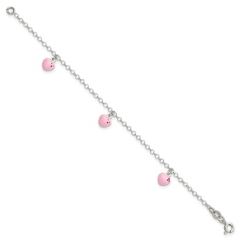 Sterling Silver Polished Pink Enameled Hearts Children's Bracelet — alternate view