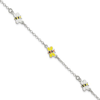 Sterling Silver Polished and Enameled Bees 5 inch Plus 1 inch Extension Children's Bracelet