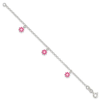Sterling Silver Polished Pink Enameled Flowers Children's Bracelet — alternate view
