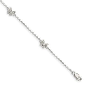 Sterling Silver Rhodium-plated Polished CZ Butterflies 6 inch Bracelet with 1 inch extension
