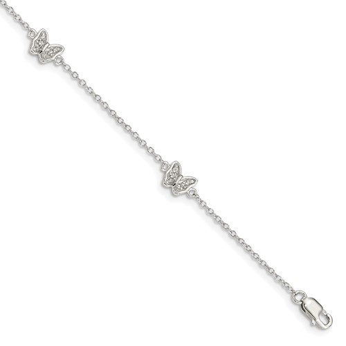 Sterling Silver RH-pltd Polished CZ Butterfly w/1in ext. Children's Bracele