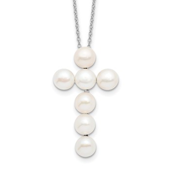 Sterling Silver Rhodium-plated 6-7mm White Button Freshwater Cultured Pearl Cross 17 inch Necklace