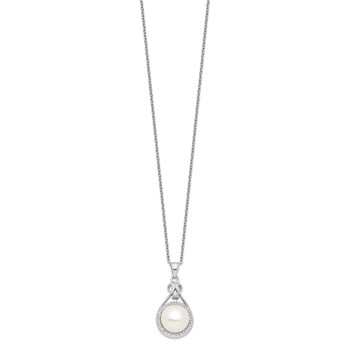 Sterling Silver Rhodium-plated 10-11mm White Button Freshwater Cultured Pearl and CZ 17 inch Necklace — alternate view