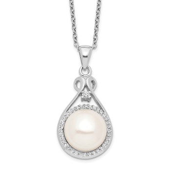 Sterling Silver Rhodium-plated 10-11mm White Button Freshwater Cultured Pearl and CZ 17 inch Necklace
