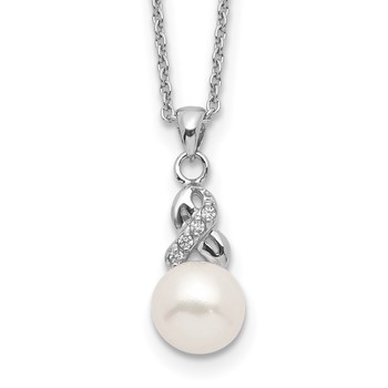 Sterling Silver Rhodium-plated 6-7mm White Near-Round Freshwater Cultured Pearl and CZ 17 inch Necklace