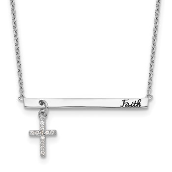Sterling Silver RH-plated CZ Cross Black Enamel FAITH 16in w/2in ext. Bar Necklace