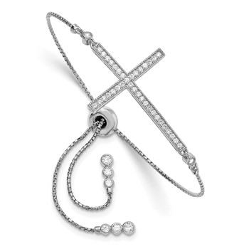 Sterling Silver Rhodium-plated CZ Polished Adjustable Cross Bracelet