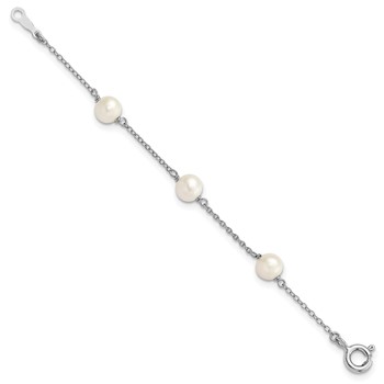 Sterling Silver Rhodium-plated 5-5.5mm White Semi-Round Freshwater Cultured Pearl 3-Station Children's 4 inch Bracelet — alternate view