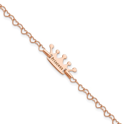 Sterling Silver Rose-tone Princess Crown Heart Link Children's Bracelet