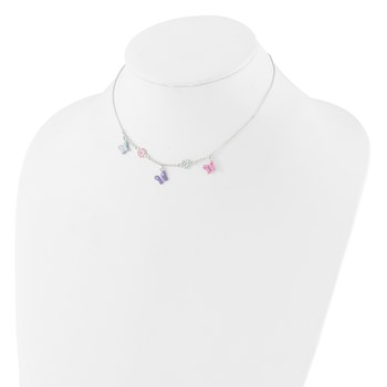 Sterling Silver Polished Enameled Floral & Butterfly Children's Necklace — alternate view