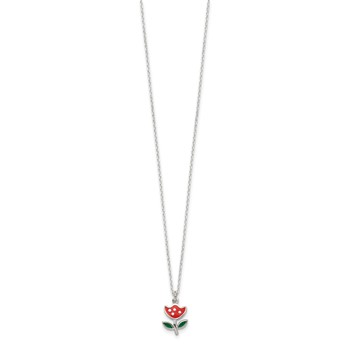 Sterling Silver Polished Red & Green Enameled Flower Children's Necklace — alternate view