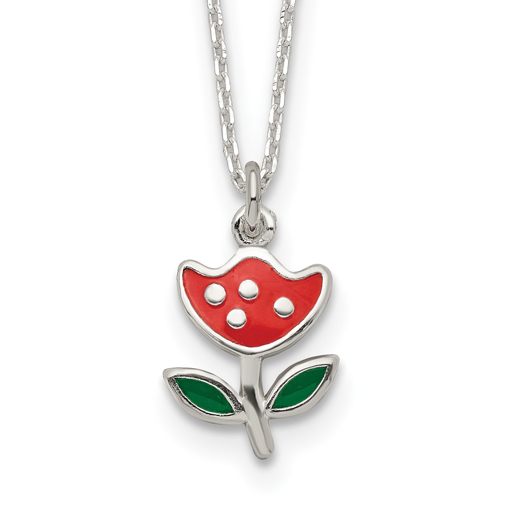 Sterling Silver Polished Red & Green Enameled Flower 14 Inch Necklace