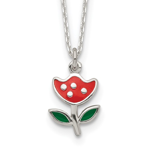 Sterling Silver Polished Red & Green Enameled Flower 14 Inch Necklace