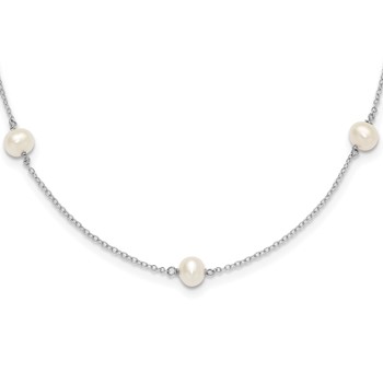 Sterling Silver Rhodium-plated 5-5.5mm White Semi-Round Freshwater Cultured Pearl 5-Station Children's 12 inch Necklace
