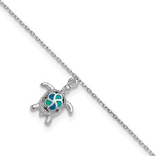 Image of Sterling Silver Rhodium-plated Polished Created Opal Turtle 9 inch with a 1 inch Extention Anklet