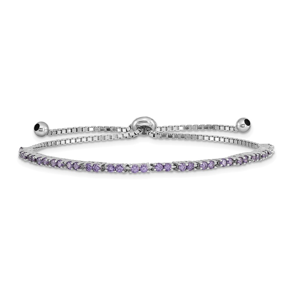 Sterling Silver Rhodium-plated February Purple CZ Adjustable Bracelet