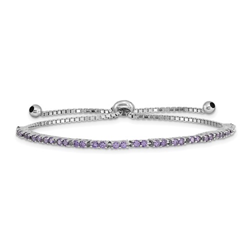 Sterling Silver Rhodium-plated February Purple CZ Adjustable Bracelet