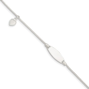 Sterling Silver w/Puffed Heart Charm 6in Plus .5in ext ID Bracelet