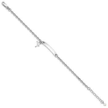 Sterling Silver RH-plated Cross Syn Pearl 6in Plus1in Ext. ID Bracelet — alternate view