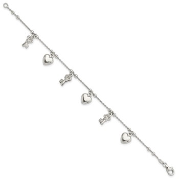 Sterling Silver Rhodium-plated Heart and Key Dangle 6.75in Bracelet — alternate view