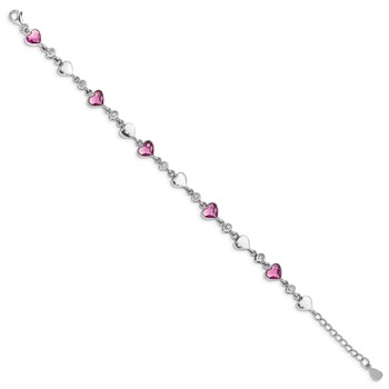 Sterling Silver Rhodium Plated Clear Crystals Pink Heart Crystals and Polished Hearts 6.5 inch Bracelet with 1 inch extension — alternate view