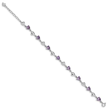 Sterling Silver Rhodium-plated w/1in ext Purple Crystal Hearts Bracelet — alternate view