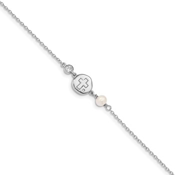 Sterling Silver RH-plated CZ/Cross/FWC Pearl w/0.5in ext Bracelet