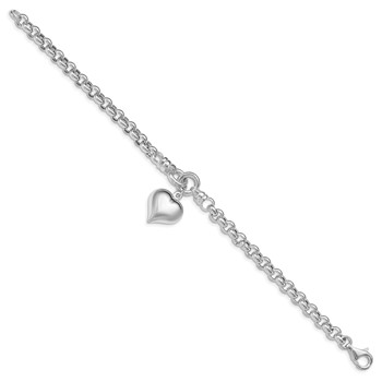 Sterling Silver Polished Rolo w/ Dangle Heart Charm Bracelet — alternate view